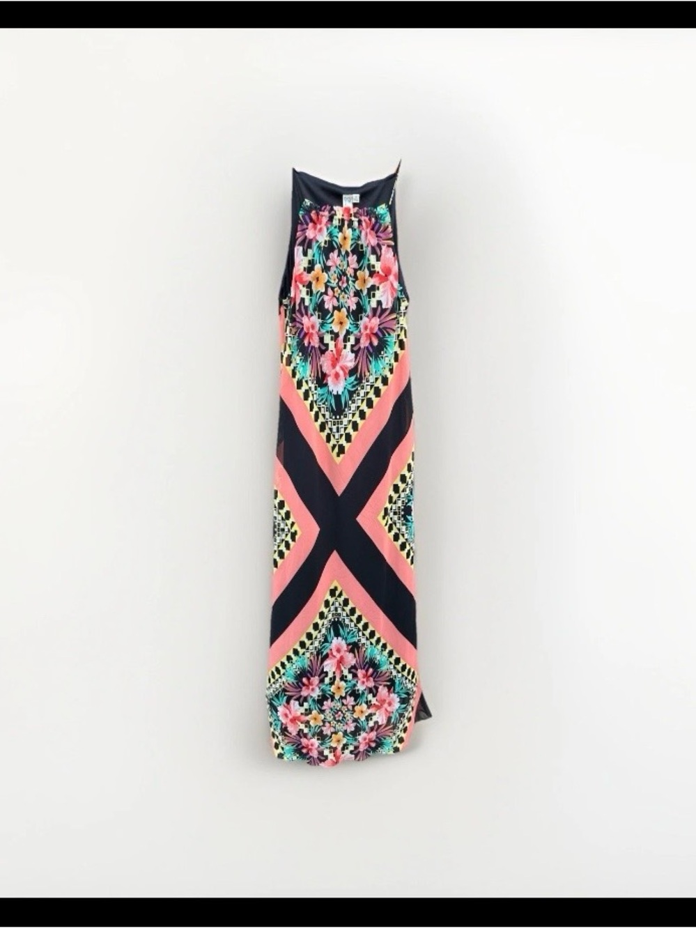 Emma & Michele Coral and Black Floral Chevron Maxi Dress